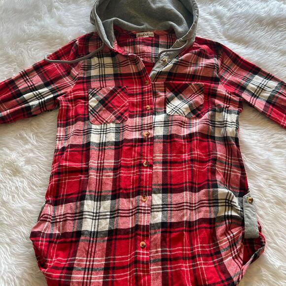 Derek Heart Tops - Red and white plaid button-up hoodie shirt